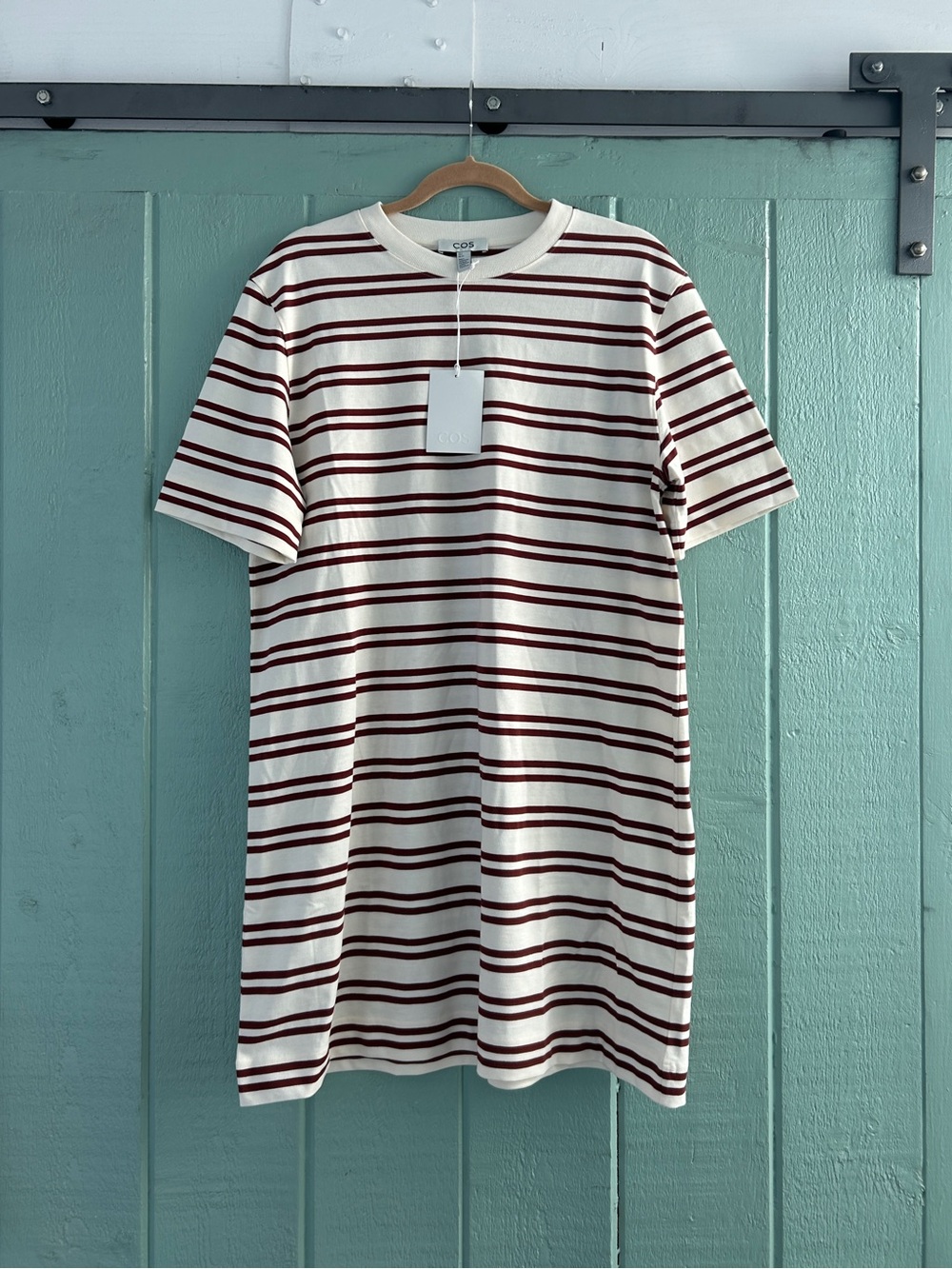 Nwt COS 100% Cotton Stripe Mini TShirt Dress Small Women 4 6 8 White Burgundy